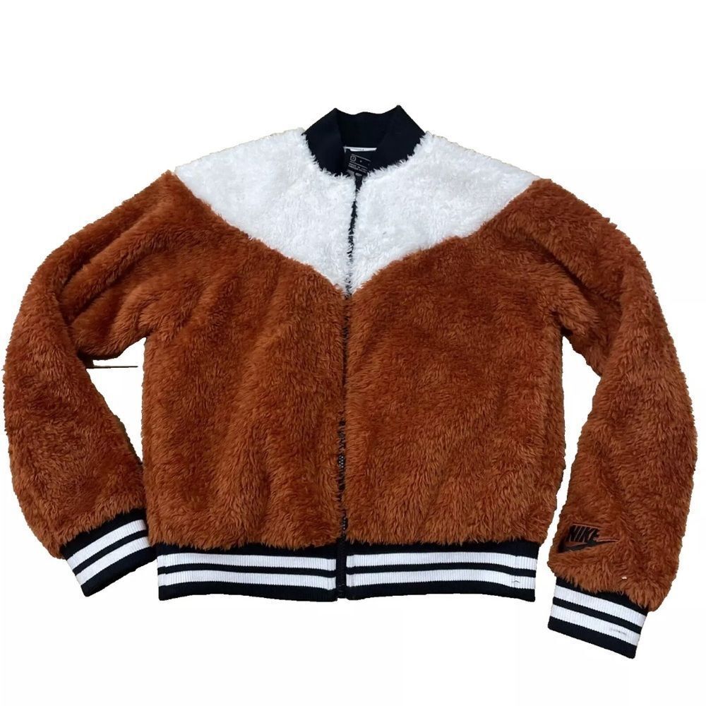 NIKE Faux Fur Varsity Jacket Sherpa Fleece Zip Womens S Preppy Brown Western